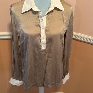 Silk shirt; white collar, front button tab and cuffs